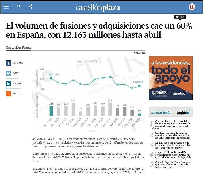 El volumen de fusiones y adquisiciones cae un 60% en Espaa, con 12.163 millones hasta abril